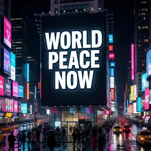 A large storefront billboard at Times Square displaying the slogan “WORLD PEACE NOW” in bold, clear letters, amidst a vibrant cityscape at night. - XAI Grok Imagine