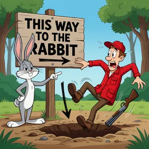 A Looney Tunes-inspired cartoon scene of a clever rabbit tricking a hunter. - XAI Grok Imagine