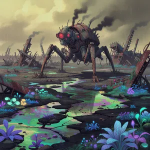 A mechanical creature in a polluted landscape. Capture the visual aesthetic of 'Nausicaä' by Studio Ghibli, with Miyazaki's mechanical designs and environmental contrast. - XAI Grok Imagine