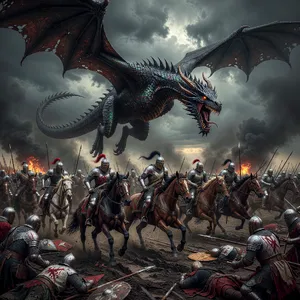 A medieval battlefield with knights on horseback and a dragon flying overhead. - XAI Grok Imagine