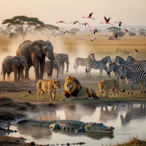 A misty dawn at an African savanna watering hole where elephants, lions, and zebras coexist in tense harmony, with a crocodile partially submerged in the foreground and flamingos taking flight in the background, golden hour lighting. - XAI Grok Imagine