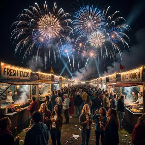A nighttime festival with fireworks in the sky, food stalls lined up, and crowds mingling. - XAI Grok Imagine
