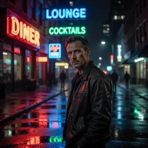 A nighttime portrait of a man lit by neon signs on a city street. - XAI Grok Imagine