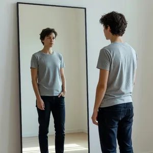 A person standing before a mirror, with their front and reflected back both visible. - XAI Grok Imagine