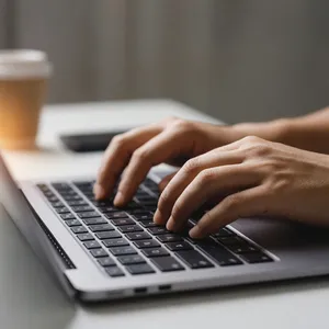 A person typing on a laptop keyboard, showing both hands on the keys. - XAI Grok Imagine