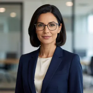 A professional headshot of a businesswoman wearing glasses, against a blurred background. - XAI Grok Imagine