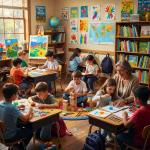 A school classroom of children and a teacher, each student engaged in a different activity. - XAI Grok Imagine