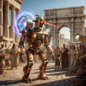 A steampunk robot time-traveling in ancient Rome, depicted in a detailed cinematic style that blends historical accuracy with copper and brass retrofuturistic aesthetics. - XAI Grok Imagine