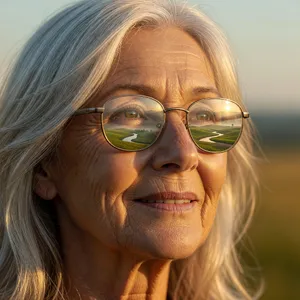 A ultra high-resolution portrait of an elderly woman with silver hair and bifocal glasses, each lens reflecting a distant landscape, captured in warm late-afternoon sunlight - XAI Grok Imagine