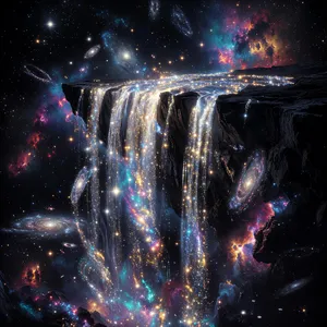 A waterfall that pours out stars and galaxies instead of water, illustrated in a cosmic fantasy style with vibrant space colors and dramatic lighting effects. - XAI Grok Imagine
