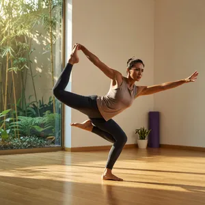 A yoga practitioner in a complex pose, arms and legs fully extended (full-body view). - XAI Grok Imagine