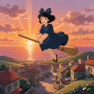 A young witch flying on a broomstick above a coastal town at sunset. Exact art style of 'Kiki's Delivery Service' by Studio Ghibli, with Miyazaki's character design and warm colors. - XAI Grok Imagine