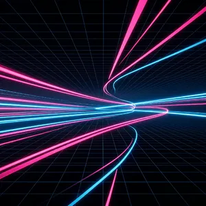 Abstract background graphic, cyberpunk aesthetic, neon pink/blue light trails on dark grid, sense of digital speed, for desktop wallpaper. - XAI Grok Imagine