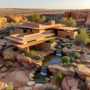 Aerial view of a modernist desert home, in the style of Frank Lloyd Wright's Fallingwater but adapted to desert conditions. Show integration with rocky landscape and water features. - XAI Grok Imagine