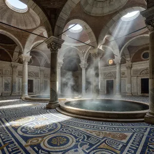 An ancient Roman bathhouse interior with accurate architectural details - marble columns, mosaic floors, arched ceilings, and steam rising from pools. Natural light from oculus openings. - XAI Grok Imagine