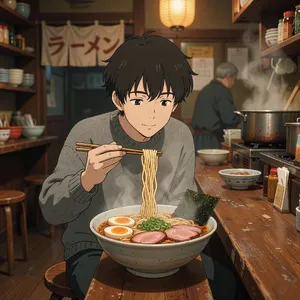 An anime scene of a character eating ramen at a small shop counter (slice-of-life style). - XAI Grok Imagine