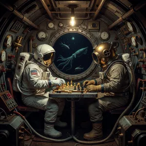 An astronaut and a deep-sea diver playing chess together inside a submarine. - XAI Grok Imagine