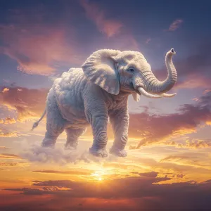 An elephant made of clouds floating in a sunset sky, rendered in a surrealist photorealistic style with ethereal golden lighting and atmospheric depth. - XAI Grok Imagine
