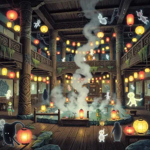An enchanted bathhouse with glowing lanterns and spirits. Recreate the visual style of 'Spirited Away' by Studio Ghibli, with Miyazaki's ornate architecture and magical atmosphere. - XAI Grok Imagine