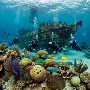 An underwater scene with scuba divers exploring a coral reef alongside colorful fish and a sunken ship. - XAI Grok Imagine