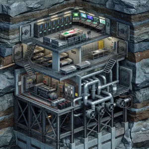 Cross-section rendering of a multi-level underground bunker with different functional areas, structural support systems, ventilation, and power generation facilities visible. - XAI Grok Imagine