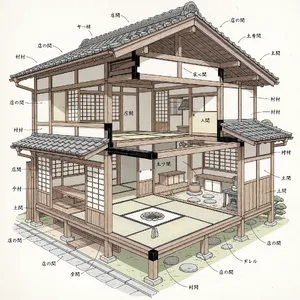 Cutaway architectural drawing of a traditional Japanese machiya townhouse showing all rooms and structural elements. Include accurate proportions, traditional joinery, and typical spatial organization. - XAI Grok Imagine