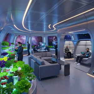 Interior of a futuristic space habitat with hydroponics gardens, communal areas, and living quarters. Show curved walls, artificial gravity considerations, and multipurpose furniture designs. - XAI Grok Imagine