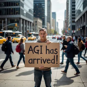 Photorealistic daytime street photograph, clearly showing a man standing still on a busy urban street corner holding a rectangular cardboard sign clearly facing camera, handwritten bold black marker text clearly readable as 