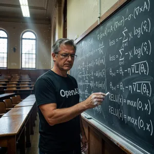 Photorealistic depiction of a man wearing a clearly visible black OpenAI-branded T-shirt. He is standing at the front of a university lecture hall, writing complex mathematics and AI-related equations across a large, dusty chalkboard filled with notation - XAI Grok Imagine