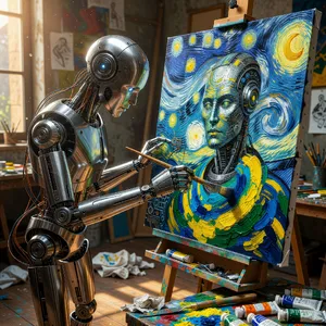 Photorealistic image of a robot painting a realistic self-portrait (i.e. the robot) on canvas, mimicking Van Gogh’s art style; clear, realistic metallic textures and painting details visible - XAI Grok Imagine