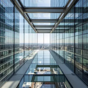 Photorealistic rendering of a contemporary glass skybridge between two skyscrapers, seen from inside with city views visible through glass walls and floor. Show accurate reflections and structural details. - XAI Grok Imagine