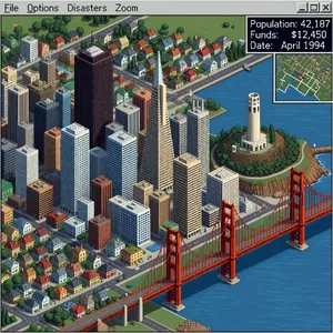 Pixel art cityscape of San Francisco in the iconic SimCity 2000 style, isometric view, detailed skyscrapers, residential areas, clearly identifiable Golden Gate Bridge, Coit Tower, Transamerica Pyramid, surrounded by the classic SimCity 2000 UI elements - XAI Grok Imagine