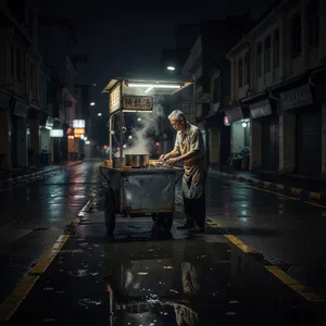 Rain-slicked Singapore street, 3 AM. A lone elderly hawker cleans his cart under one flickering fluorescent light. Steam rises gently. Low-angle shot, photorealistic - XAI Grok Imagine