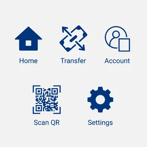 Set of 5 consistent flat design icons for a mobile banking app: 'Home', 'Transfer', 'Account', 'Scan QR', 'Settings'. Monochrome dark blue. - XAI Grok Imagine