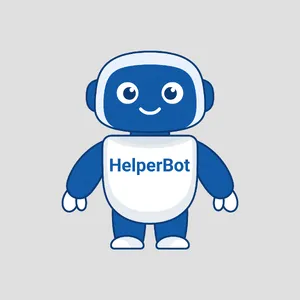 Simple flat vector mascot: friendly smiling robot character 'HelperBot', approachable design, primarily blue and white. - XAI Grok Imagine
