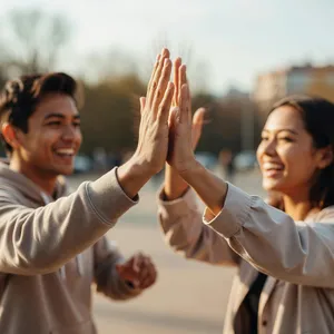 Two people high-fiving, with focus on their hands meeting mid-air. - XAI Grok Imagine