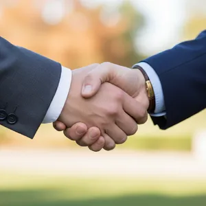 A close-up of two people shaking hands, both hands fully visible with five fingers each, in sharp focus against a blurred background. - Google Nano Banana (2.5 Flash)