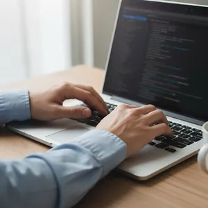 A person typing on a laptop keyboard, showing both hands on the keys. - Google Nano Banana (2.5 Flash)