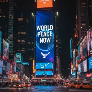A large storefront billboard at Times Square displaying the slogan “WORLD PEACE NOW” in bold, clear letters, amidst a vibrant cityscape at night. - Google Nano Banana (2.5 Flash)
