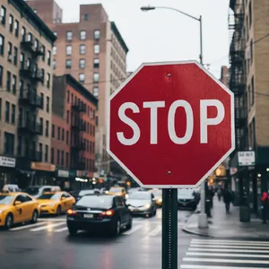 A red stop sign on a street corner displaying the word 