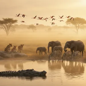 A misty dawn at an African savanna watering hole where elephants, lions, and zebras coexist in tense harmony, with a crocodile partially submerged in the foreground and flamingos taking flight in the background, golden hour lighting. - Google Nano Banana (2.5 Flash)