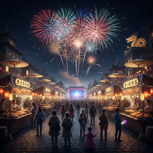 A nighttime festival with fireworks in the sky, food stalls lined up, and crowds mingling. - Google Nano Banana (2.5 Flash)