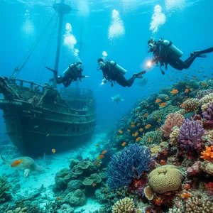 An underwater scene with scuba divers exploring a coral reef alongside colorful fish and a sunken ship. - Google Nano Banana (2.5 Flash)