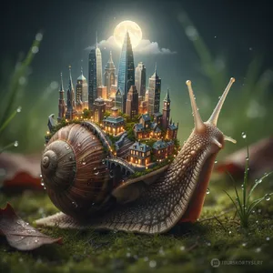 A snail whose shell contains a miniature city skyline, depicted in a hyperrealistic macro photography style with intricate architectural details and ambient lighting. - Google Nano Banana (2.5 Flash)