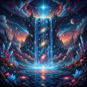 A waterfall that pours out stars and galaxies instead of water, illustrated in a cosmic fantasy style with vibrant space colors and dramatic lighting effects. - Google Nano Banana (2.5 Flash)