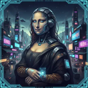 The Mona Lisa reimagined as a futuristic android, rendered in a digital art style that preserves Da Vinci's composition while incorporating sleek cyberpunk aesthetics and technological elements. - Google Nano Banana (2.5 Flash)