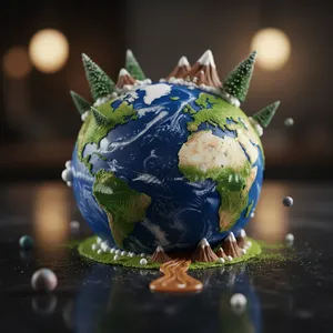 A dessert cake that looks like a tiny planet, complete with miniature trees and mountains, photographed in a professional food photography style with tilt-shift focus effect. - Google Nano Banana (2.5 Flash)