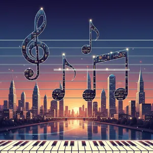 A city skyline that forms the shape of musical notes on a staff, created in a stylized graphic design aesthetic with clean architectural lines and dramatic twilight colors. - Google Nano Banana (2.5 Flash)