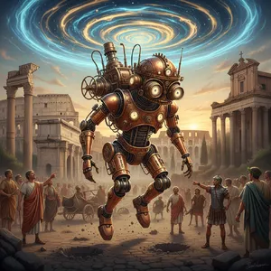 A steampunk robot time-traveling in ancient Rome, depicted in a detailed cinematic style that blends historical accuracy with copper and brass retrofuturistic aesthetics. - Google Nano Banana (2.5 Flash)