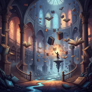 A library where the books are glowing and floating in mid-air, illustrated in a magical realism style with dramatic lighting and rich atmospheric colors. - Google Nano Banana (2.5 Flash)